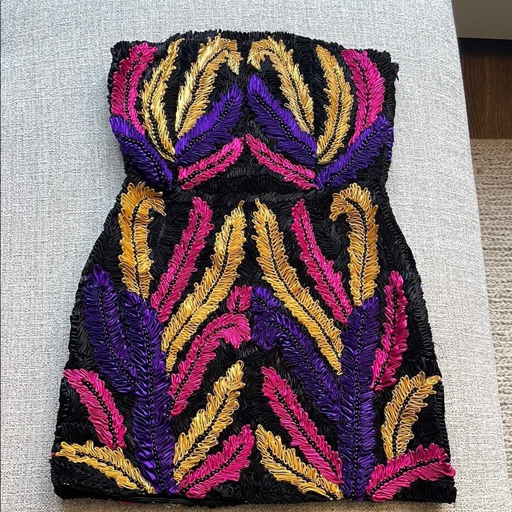 Retrofete Strapless Dress - Black with Pink, Purple, and Gold Embroidery